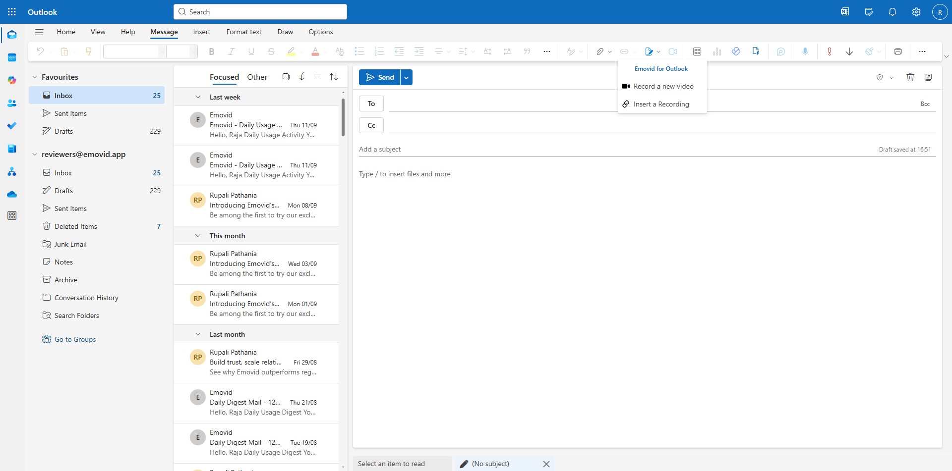 Clicking on the Emovid for Outlook add-in displays two options