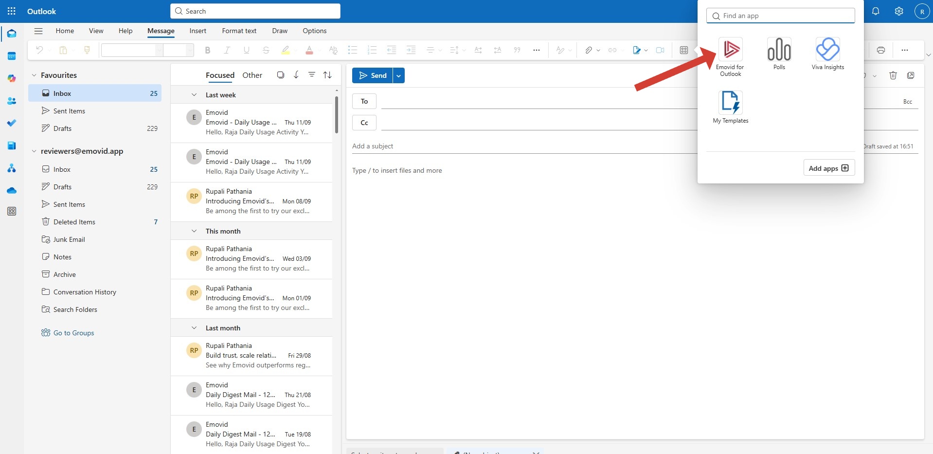 Click on Emovid for Outlook